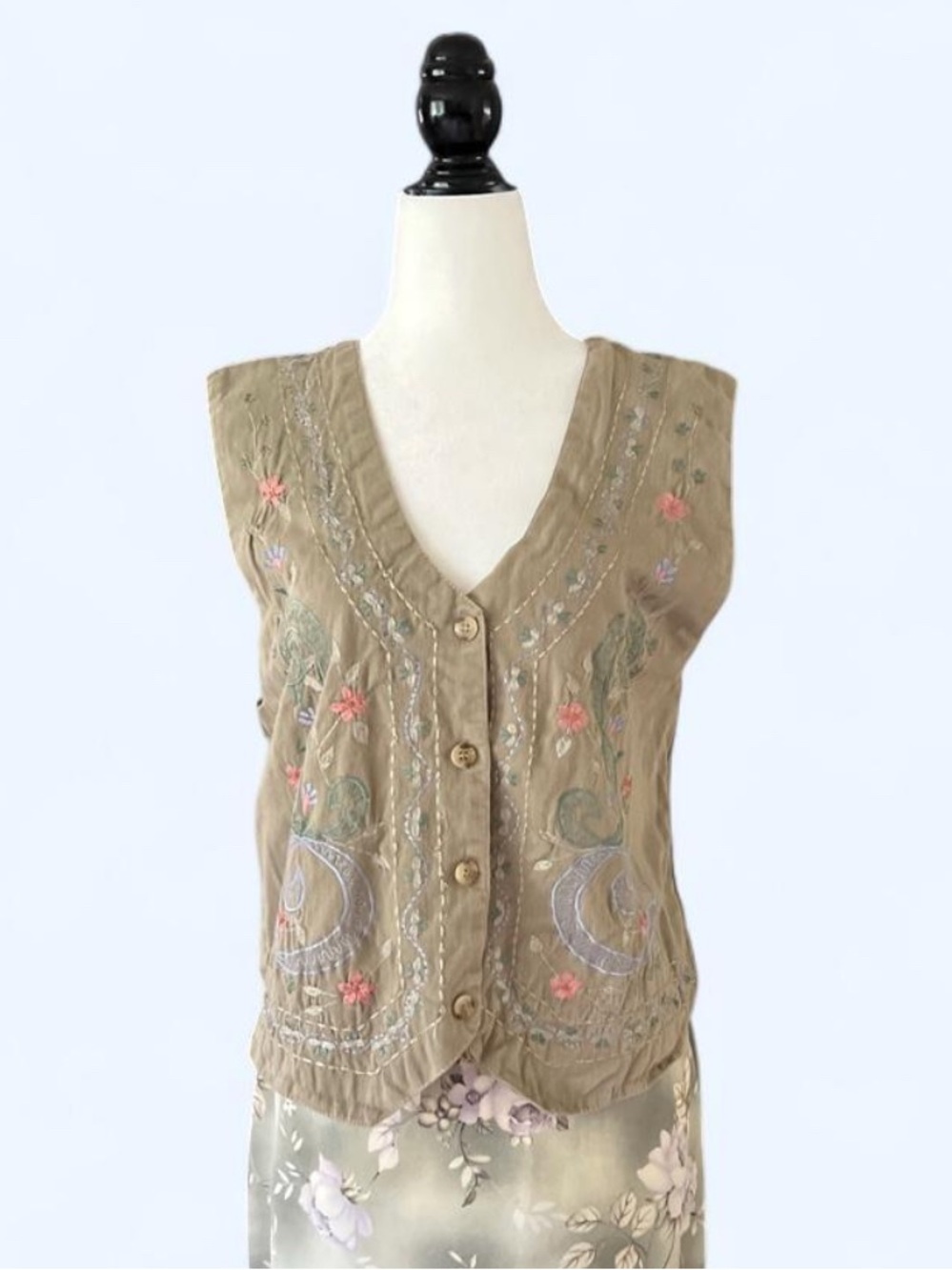 Vintage Asapo Boho Floral Embroidered Vest Tan Cotton Button Front L Cottagecore